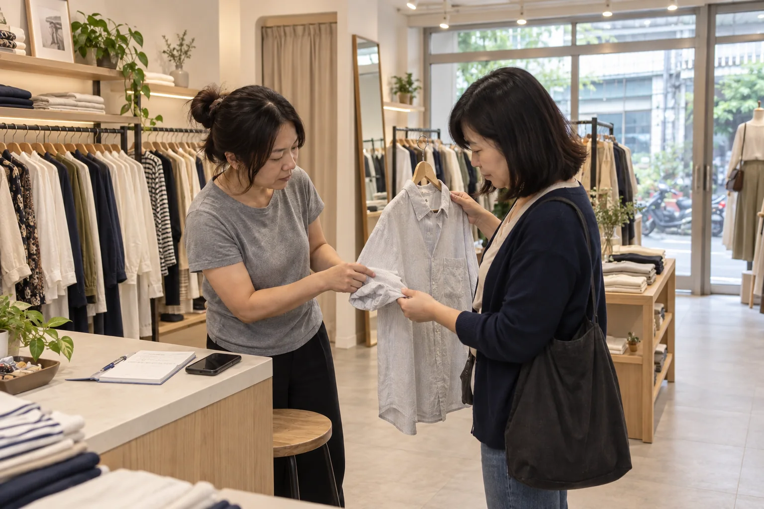 店主與顧客一起查看商品並確認細節，AI 生成情境示意