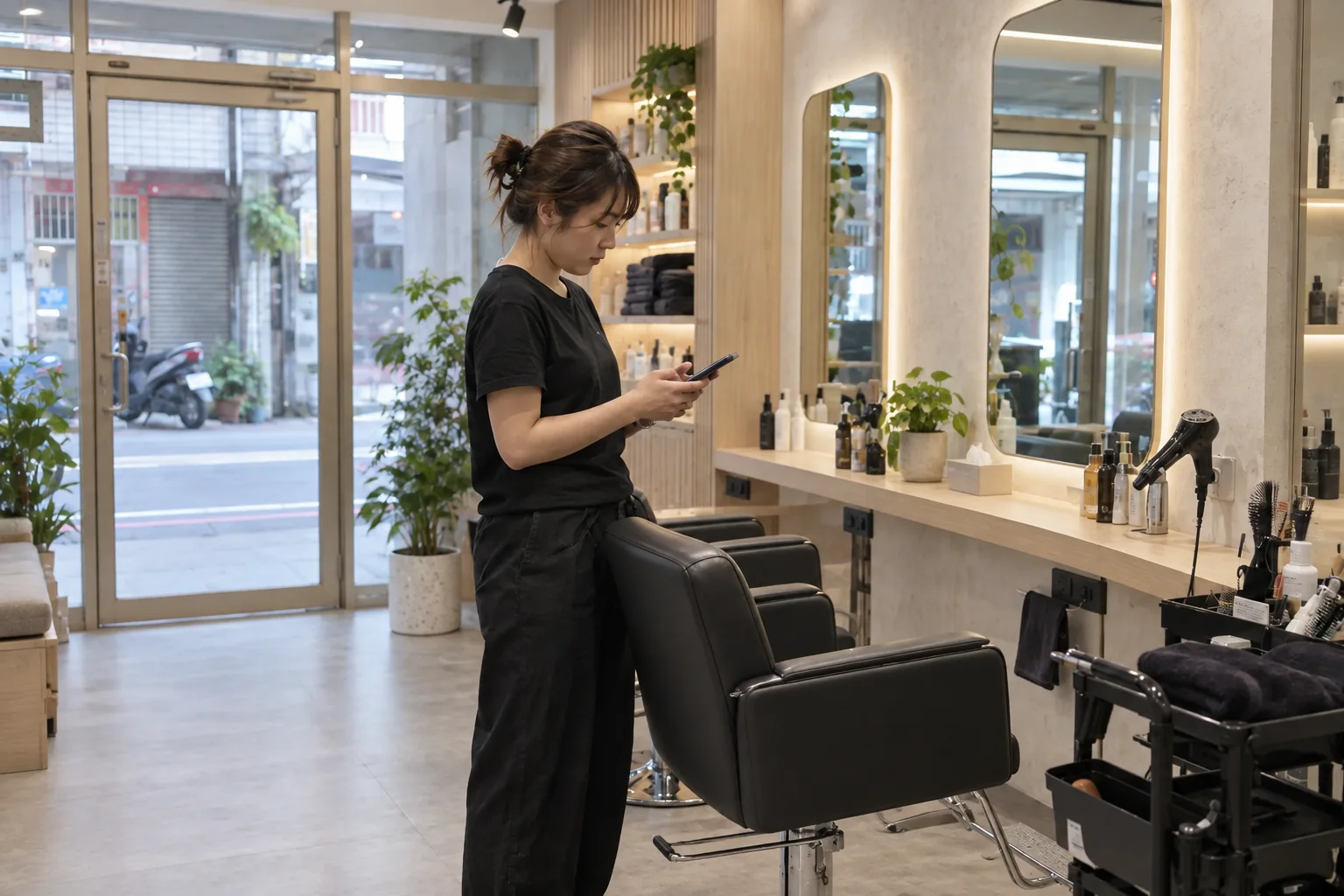 服務工作室店主在服務空檔查看手機,AI 生成情境示意