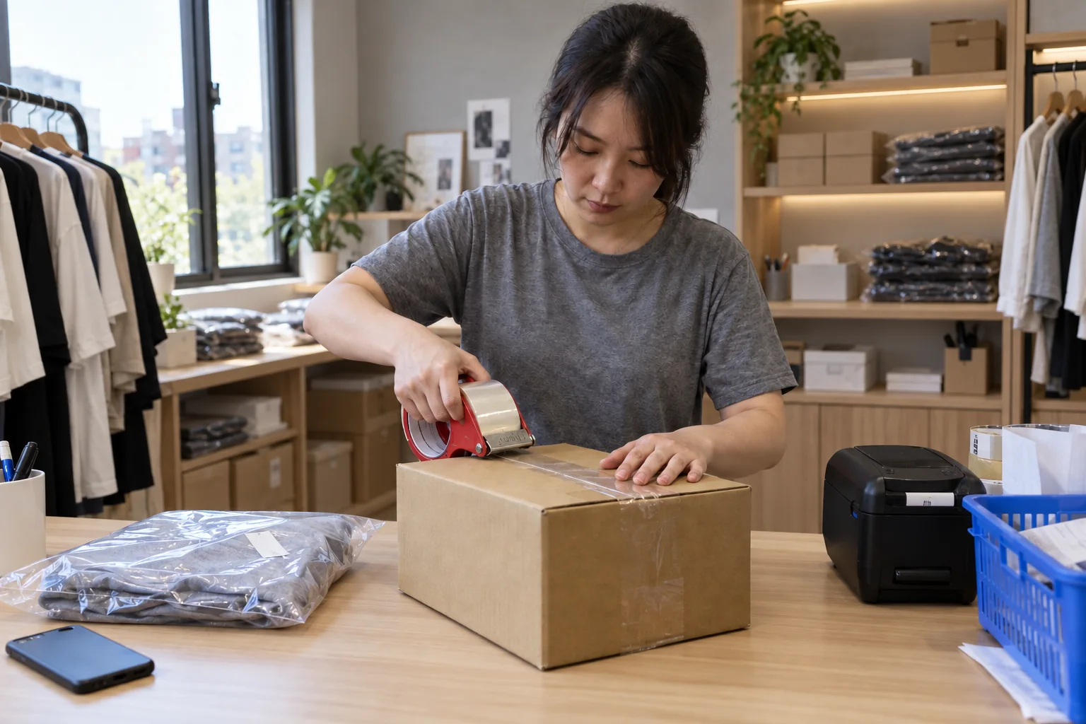 工作室店主以膠帶封好準備出貨的紙箱,AI 生成情境示意