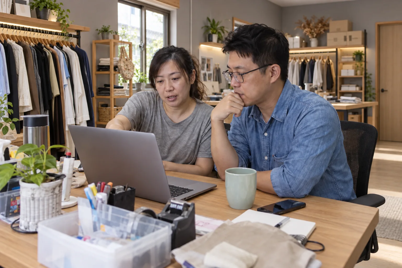 小型服飾工作室裡,店主與協助者一起確認筆電上的設定,AI 生成情境示意