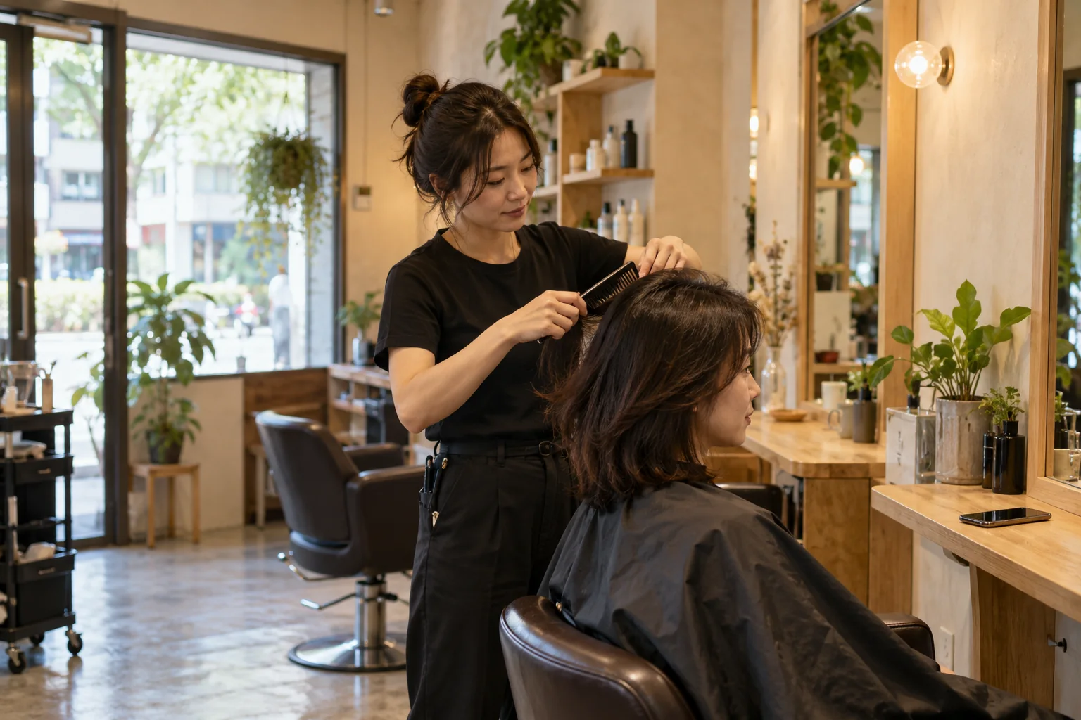 沙龍店主專注替顧客整理頭髮,手機放在工作檯旁,AI 生成情境示意